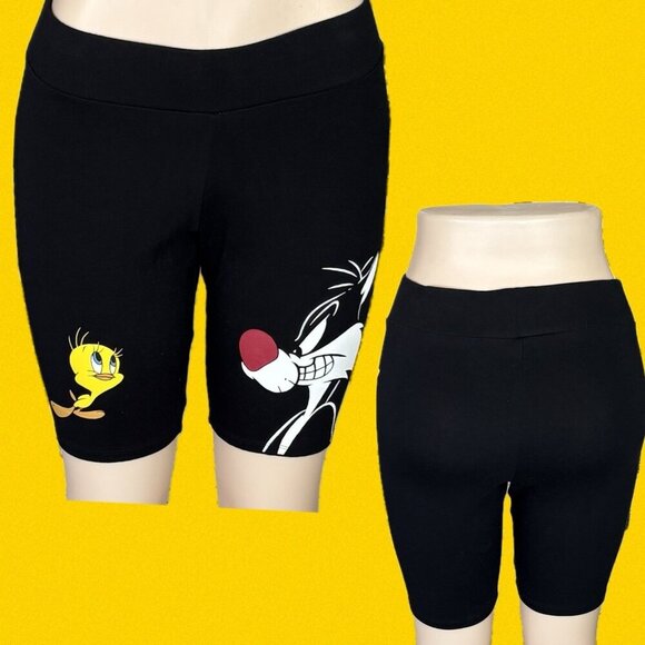 Looney Tunes +3 Black Tweety Bird & Sylvester Graphic Cotton Stretch Bike Shorts - Picture 1 of 6